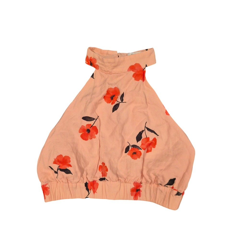 Zara Floral Halter Top Peach Red Poppy Mock Neck Open Back Crop Blouse XS